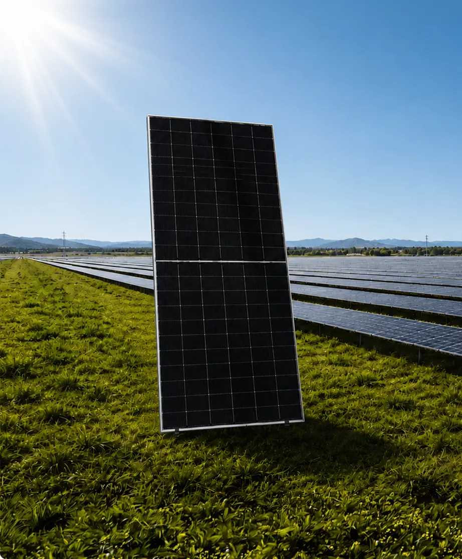 Two ReNew solar modules standing in a grassy valley at sunrise