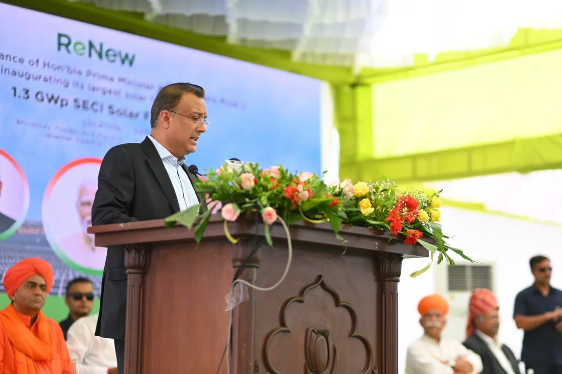 A ReNew leader speaking at the Rajasthan solar project dedication